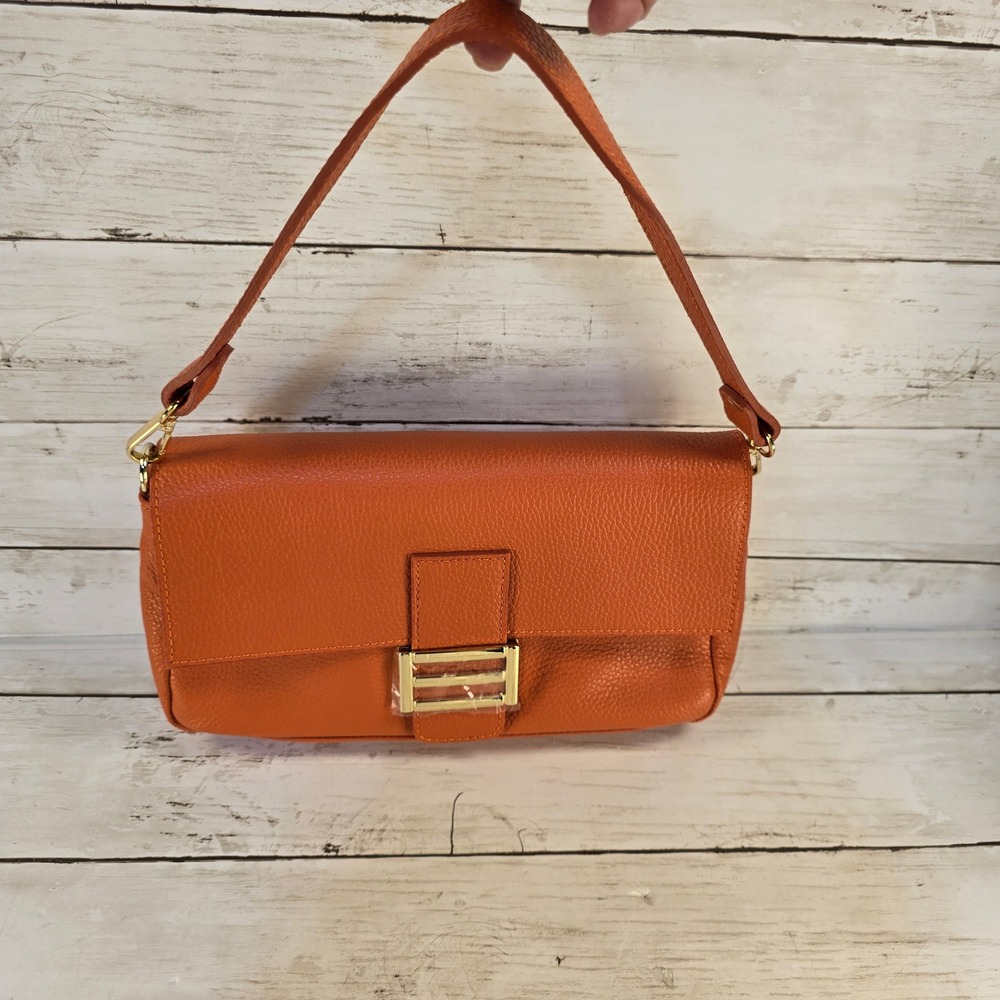 Divina Firenze Orange Pebbled Leather Shoulder Bag Made in Italy Crossbody